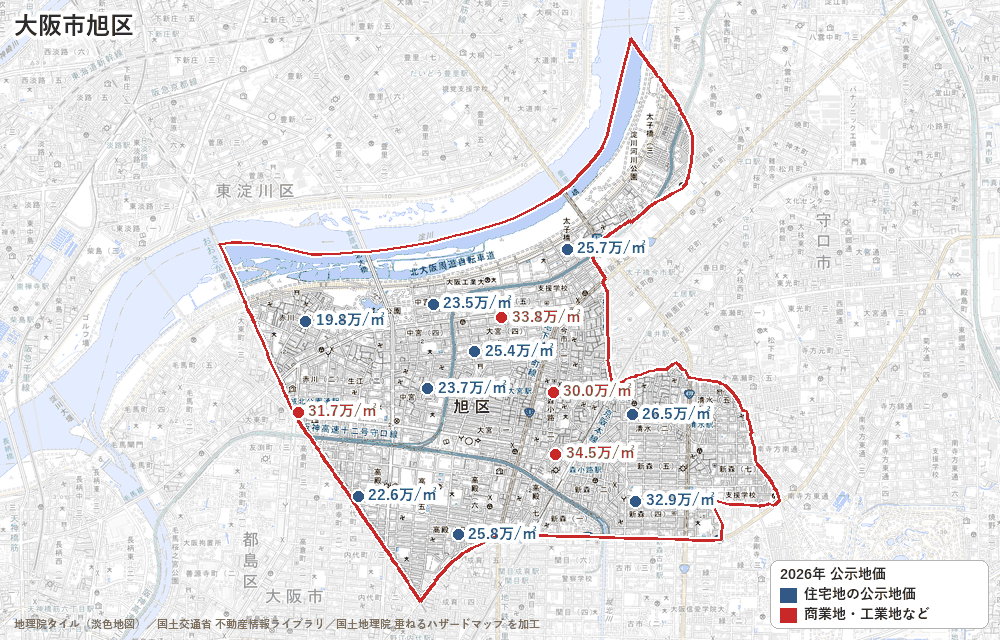 旭区の公示地価の地点と価格の地図