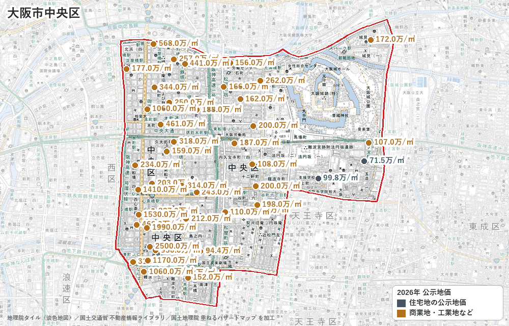 中央区の公示地価の地点と価格の地図