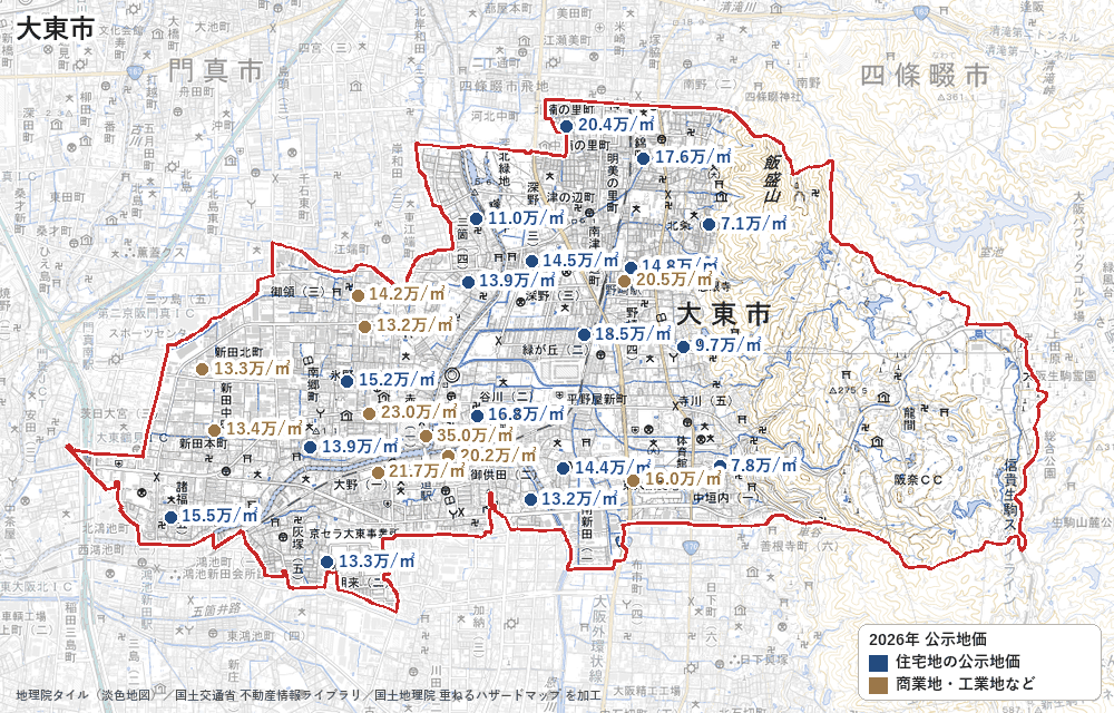 大東市の公示地価の地点と価格の地図