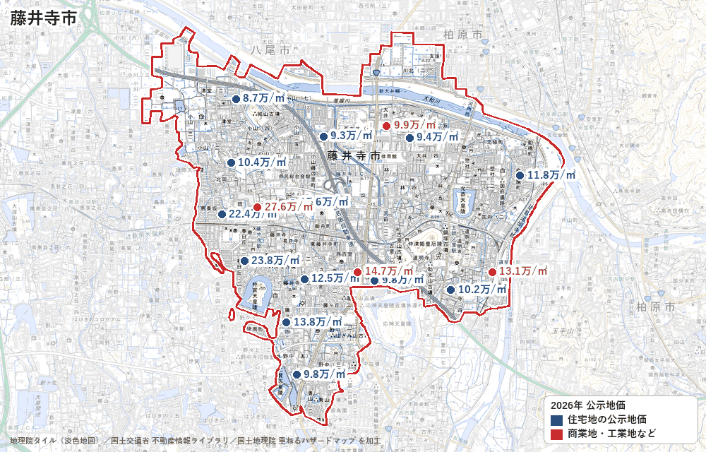 藤井寺市の公示地価の地点と価格の地図
