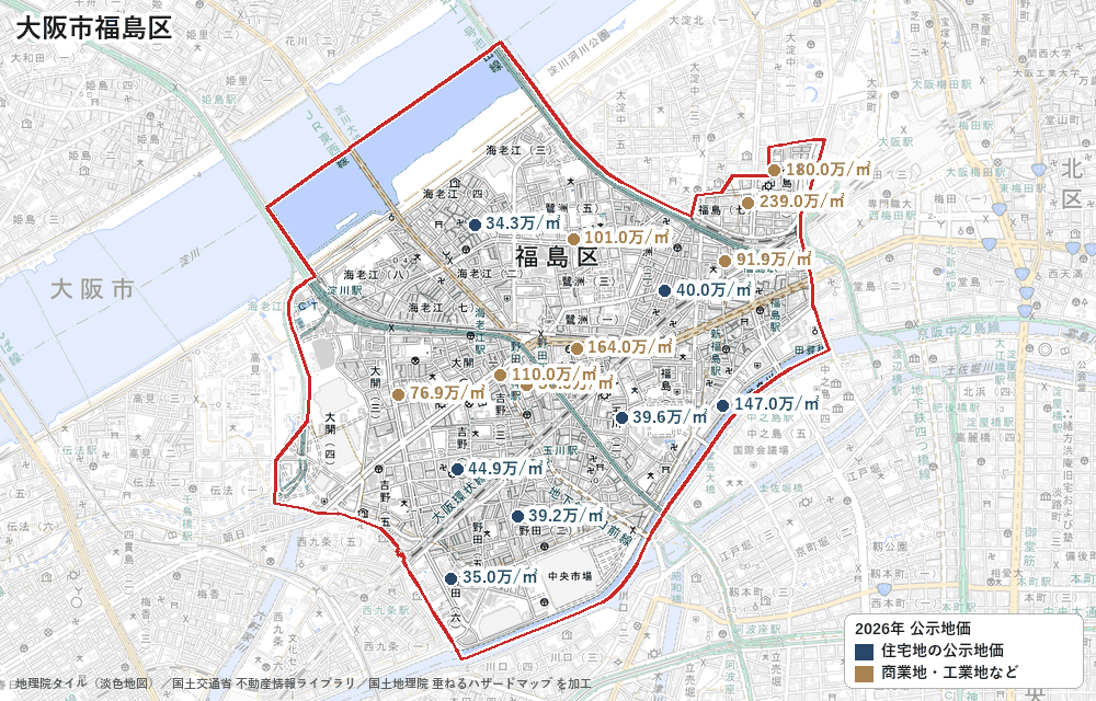福島区の公示地価の地点と価格の地図