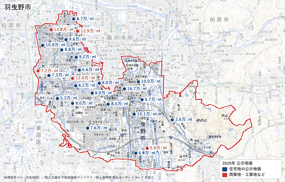羽曳野市の公示地価の地点と価格の地図