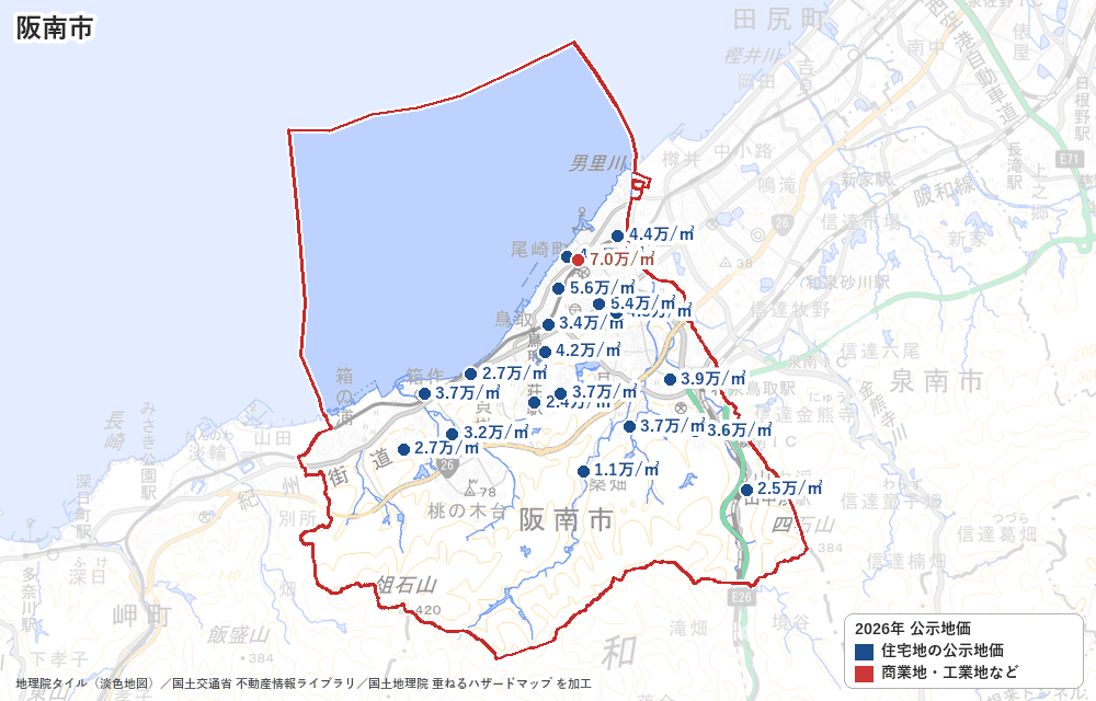 阪南市の公示地価の地点と価格の地図