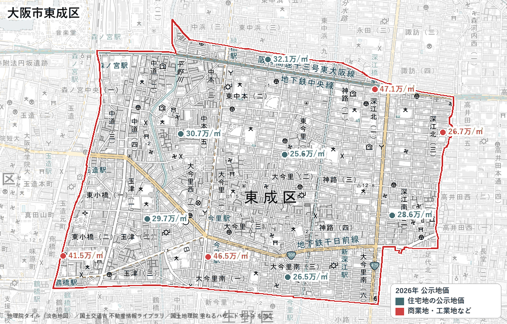 東成区の公示地価の地点と価格の地図