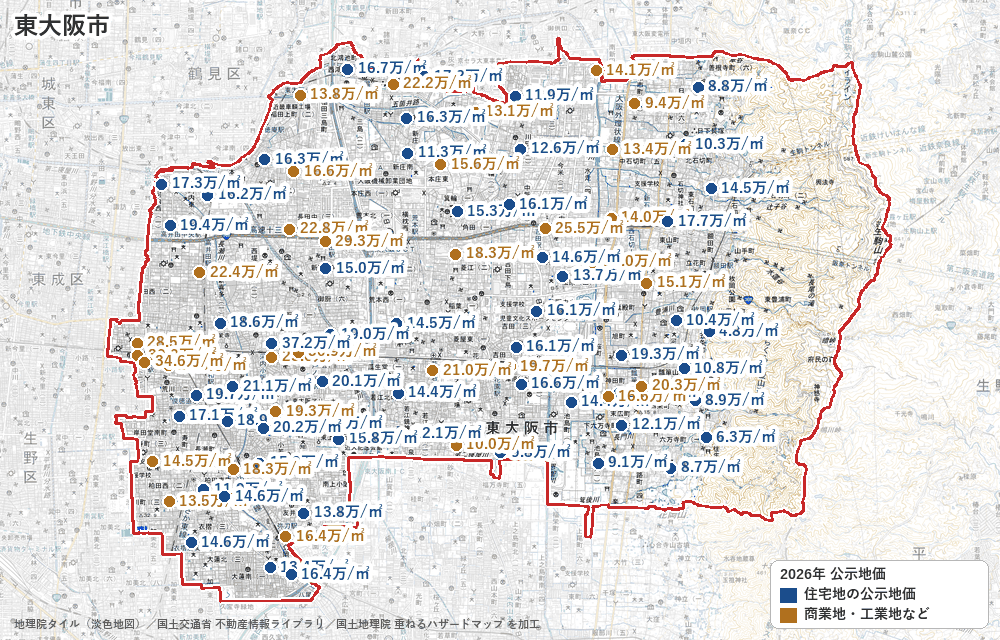 東大阪市の公示地価の地点と価格の地図