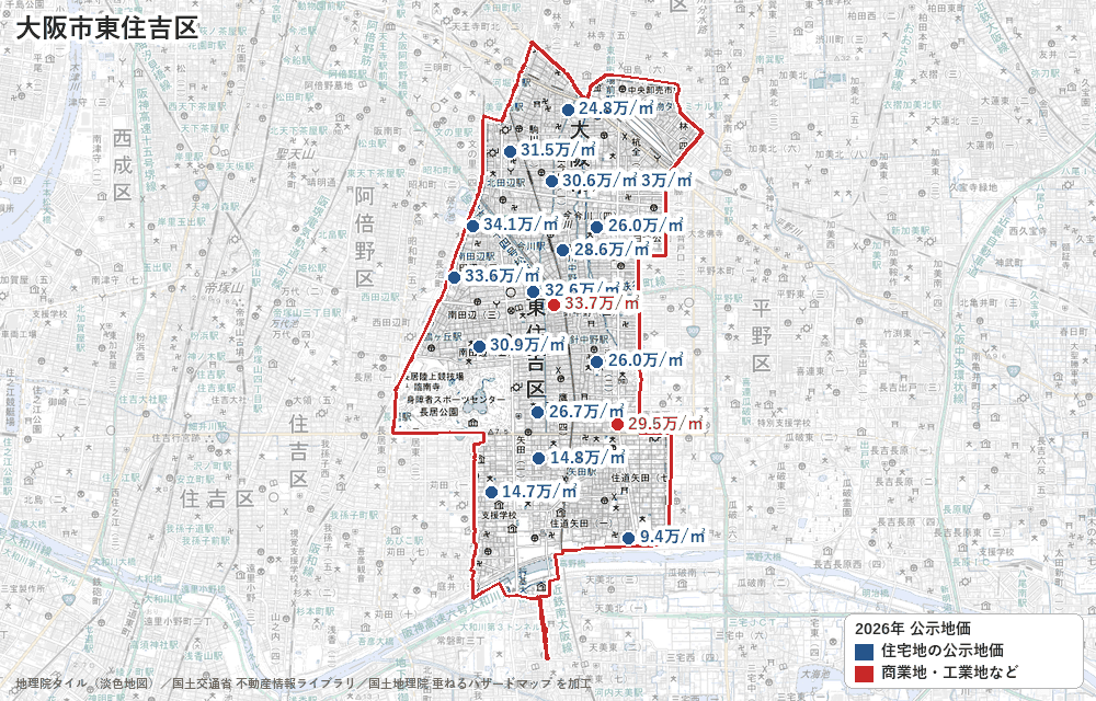東住吉区の公示地価の地点と価格の地図