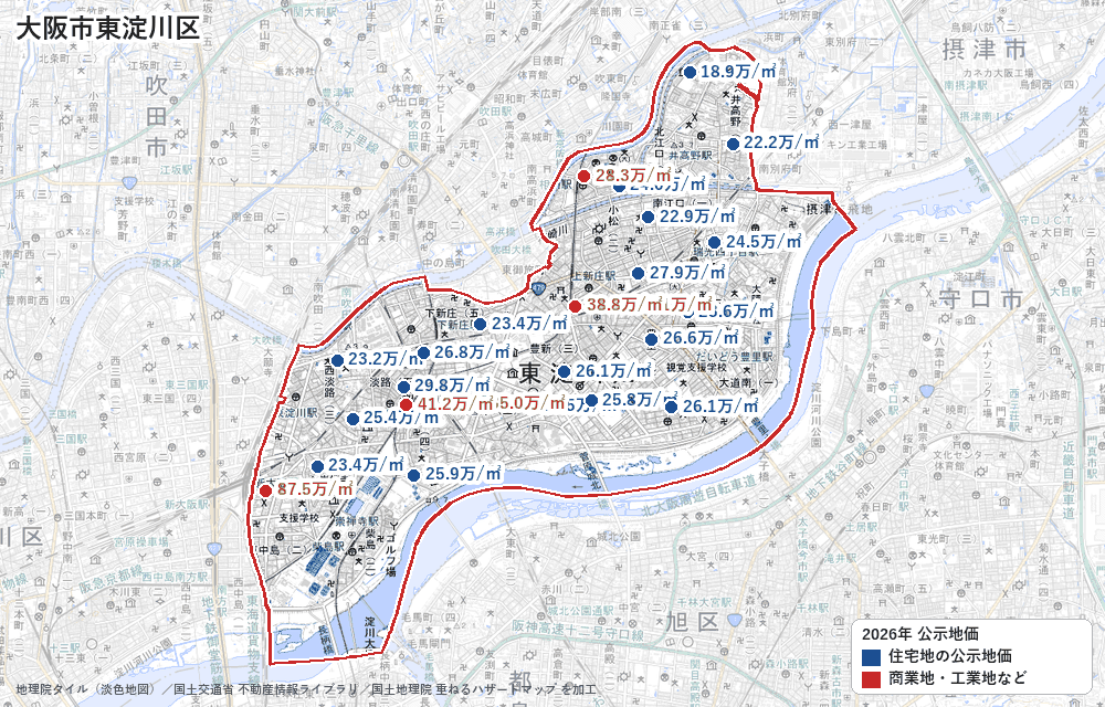 東淀川区の公示地価の地点と価格の地図