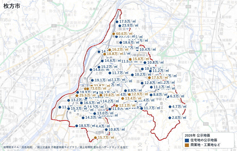 枚方市の公示地価の地点と価格の地図