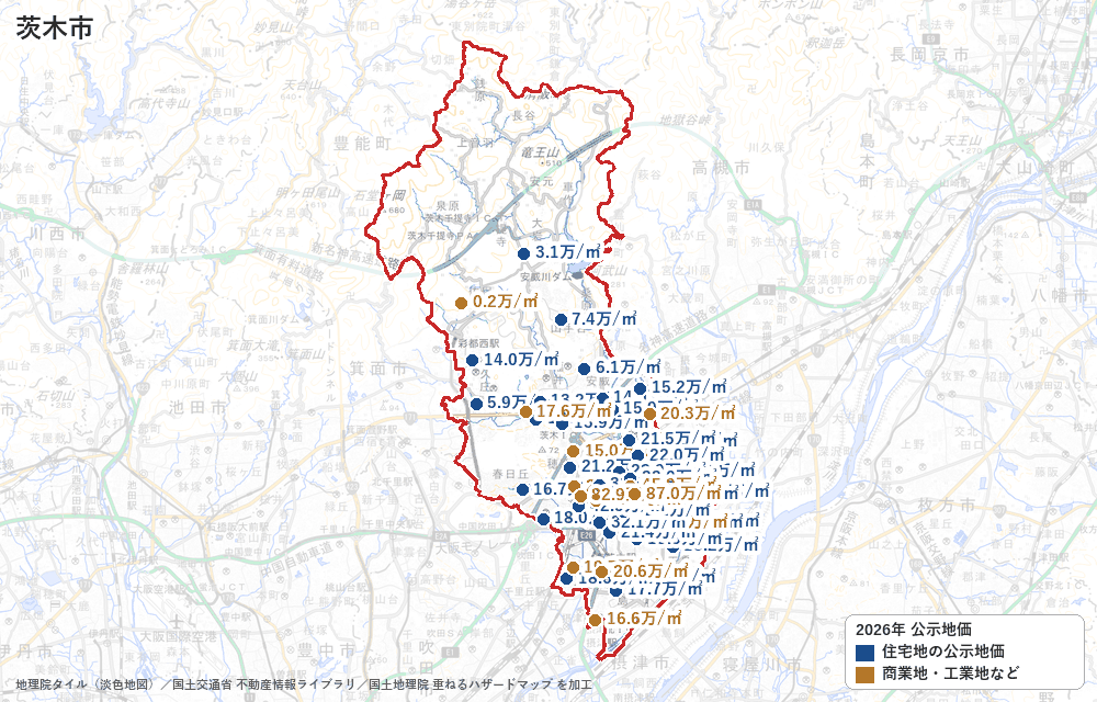 茨木市の公示地価の地点と価格の地図