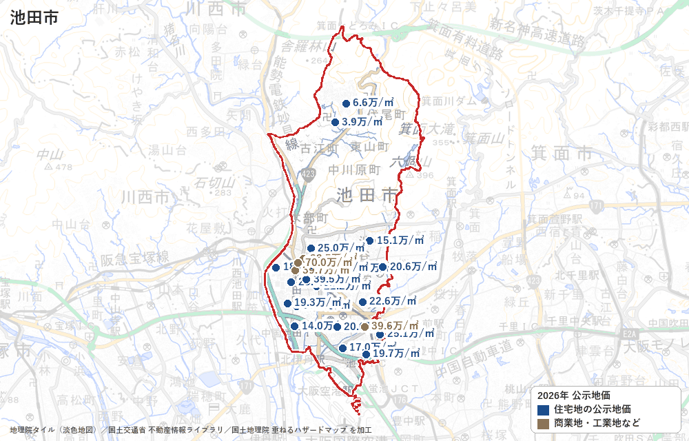 池田市の公示地価の地点と価格の地図
