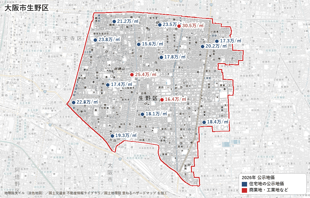 生野区の公示地価の地点と価格の地図