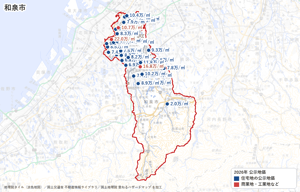 和泉市の公示地価の地点と価格の地図