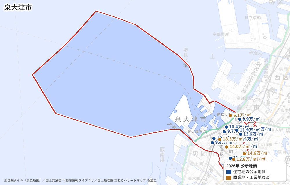 泉大津市の公示地価の地点と価格の地図