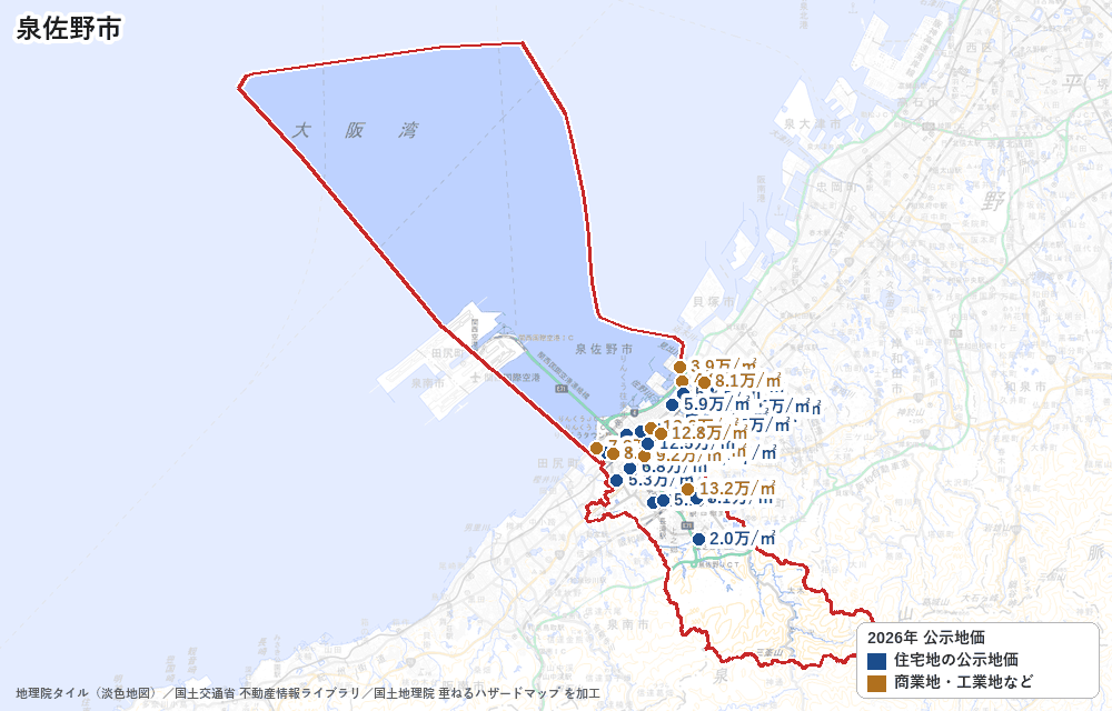 泉佐野市の公示地価の地点と価格の地図