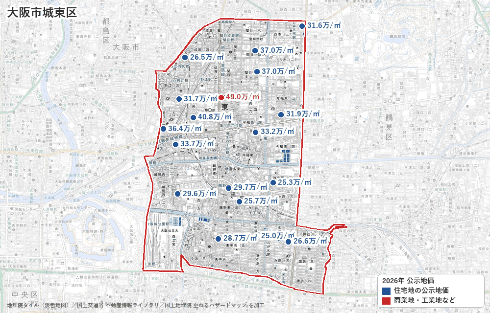 城東区の公示地価の地点と価格の地図