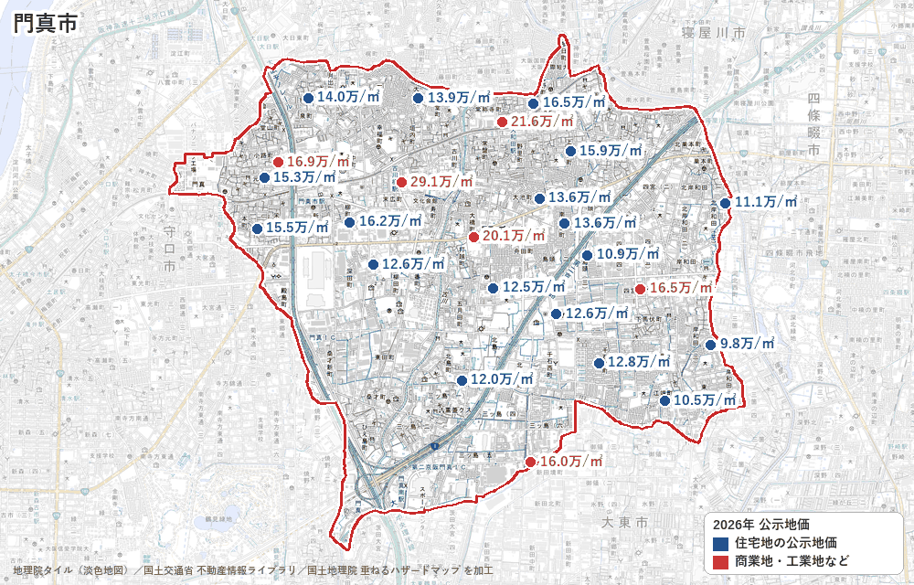 門真市の公示地価の地点と価格の地図