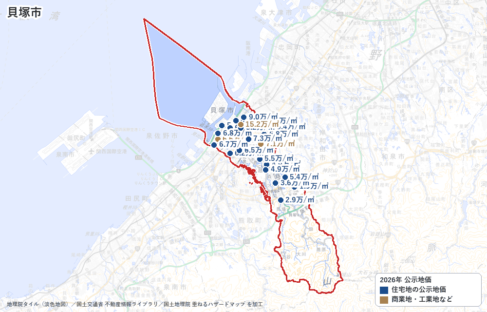 貝塚市の公示地価の地点と価格の地図