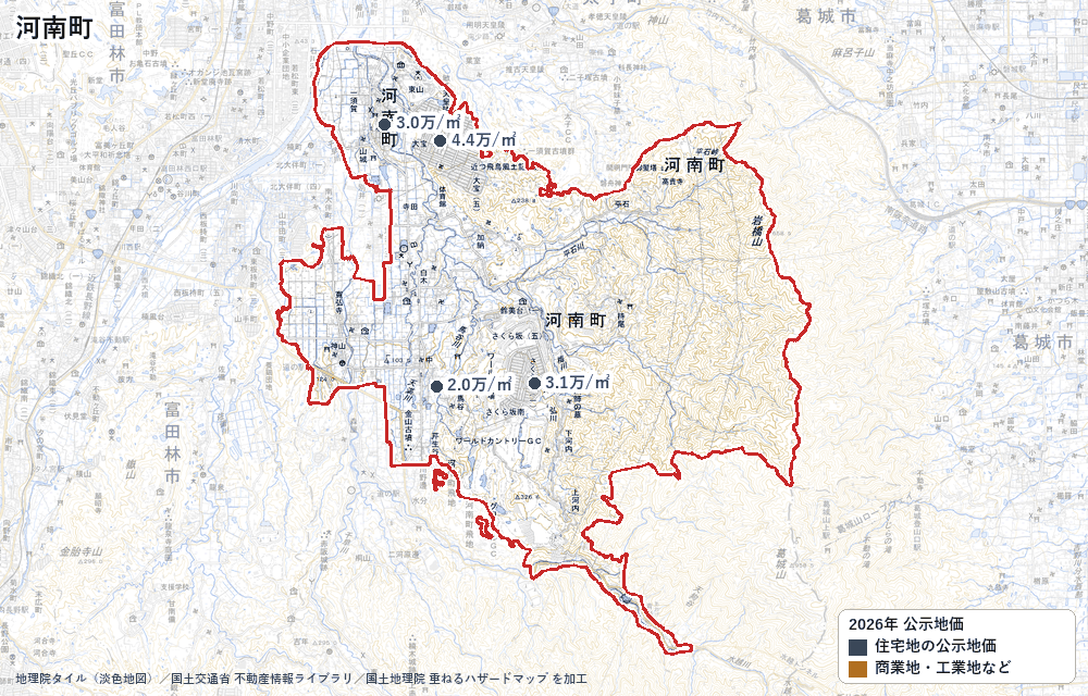河南町の公示地価の地点と価格の地図