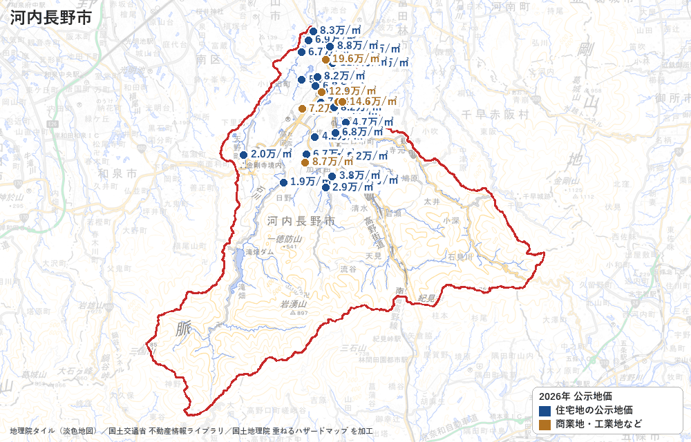 河内長野市の公示地価の地点と価格の地図