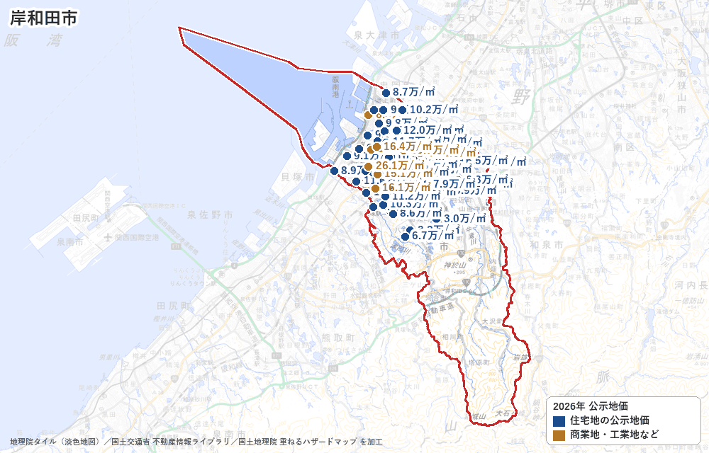 岸和田市の公示地価の地点と価格の地図