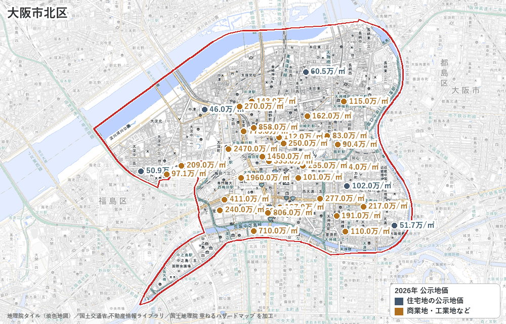 北区の公示地価の地点と価格の地図
