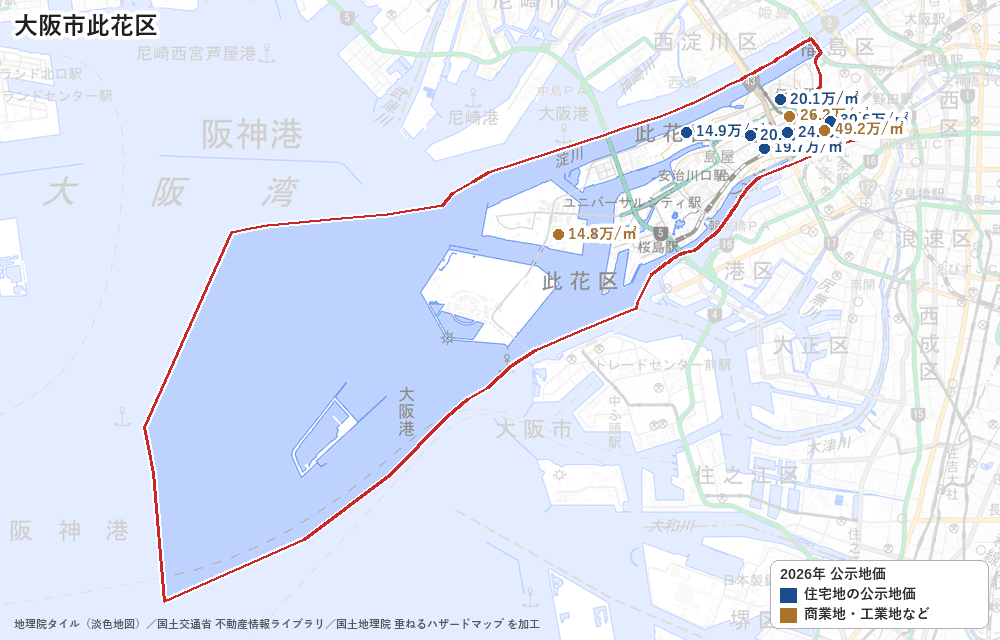此花区の公示地価の地点と価格の地図