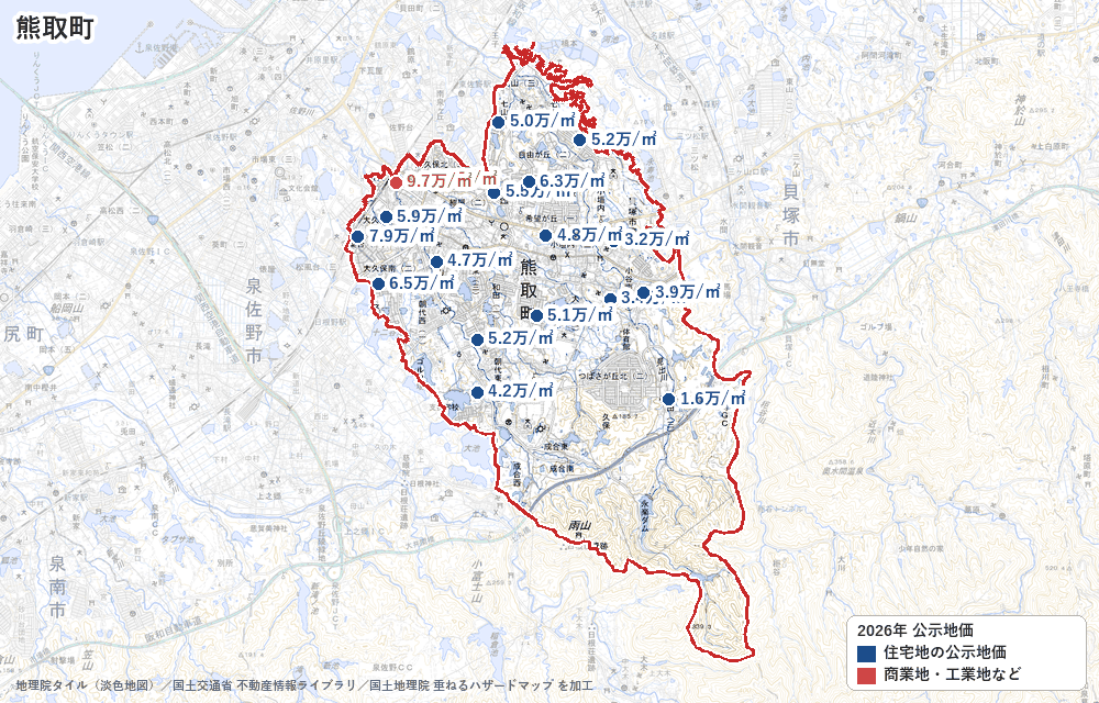 熊取町の公示地価の地点と価格の地図