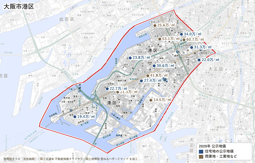 港区の公示地価の地点と価格の地図