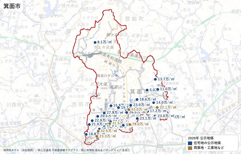 箕面市の公示地価の地点と価格の地図