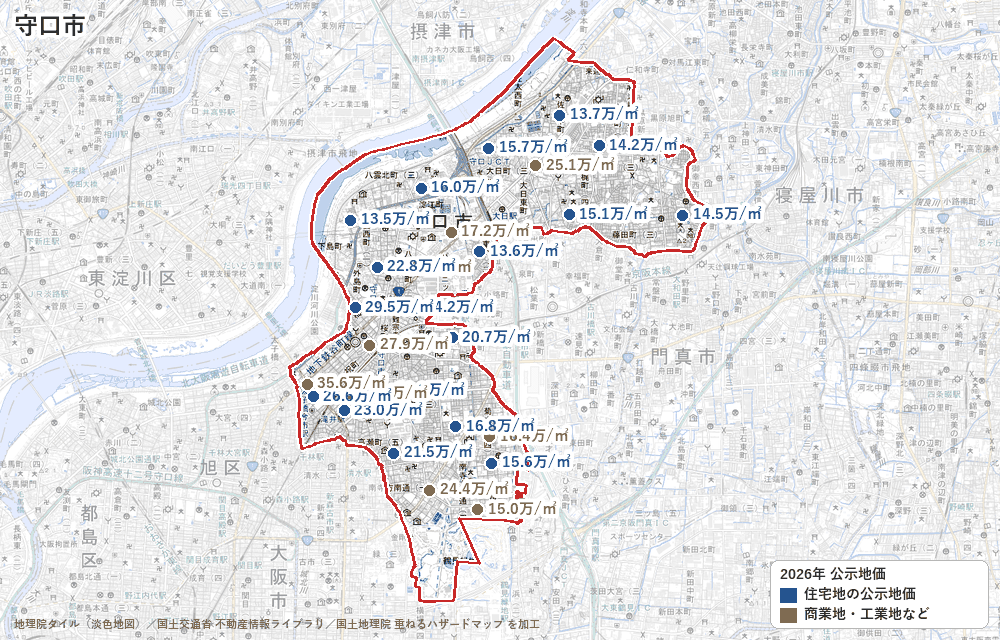 守口市の公示地価の地点と価格の地図