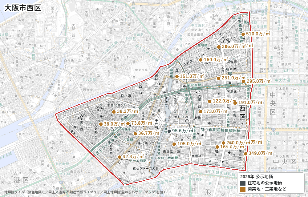 西区の公示地価の地点と価格の地図