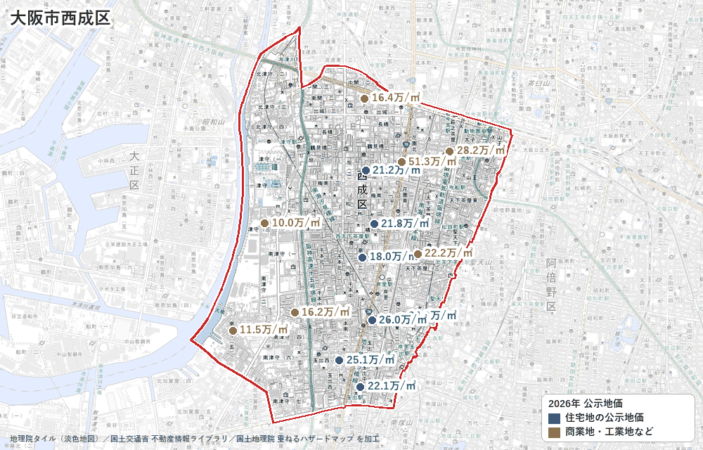 西成区の公示地価の地点と価格の地図