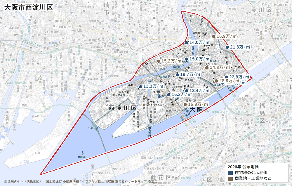 西淀川区の公示地価の地点と価格の地図