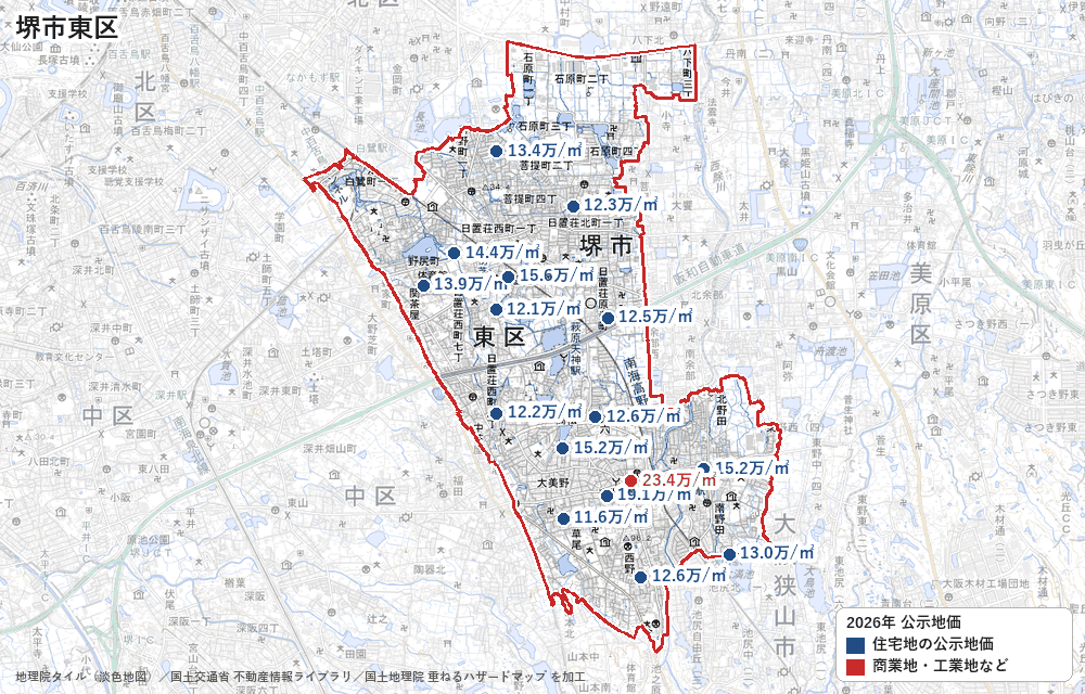 東区の公示地価の地点と価格の地図