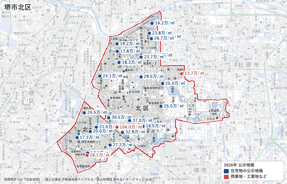 北区の公示地価の地点と価格の地図
