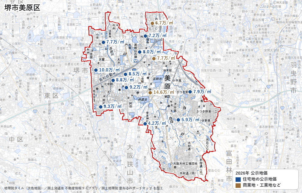 美原区の公示地価の地点と価格の地図