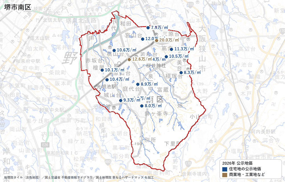 南区の公示地価の地点と価格の地図