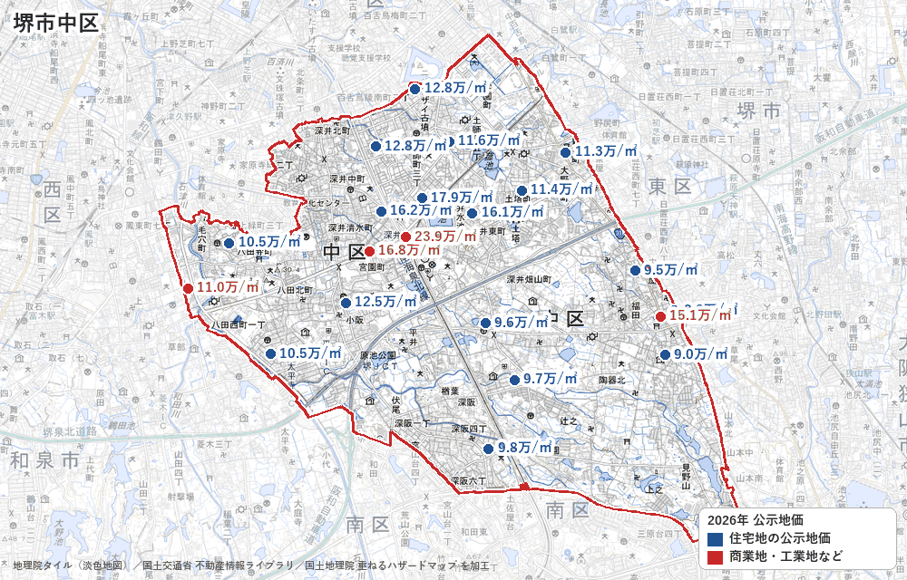 中区の公示地価の地点と価格の地図