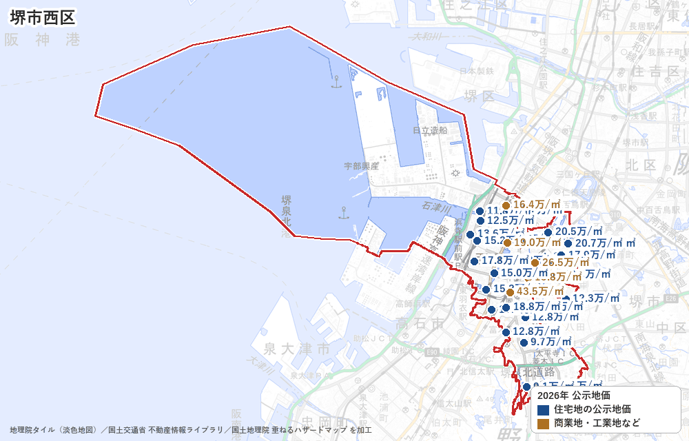 西区の公示地価の地点と価格の地図