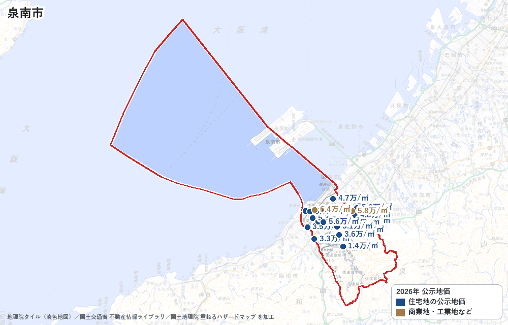 泉南市の公示地価の地点と価格の地図