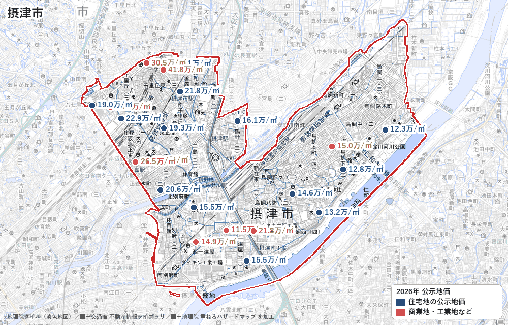 摂津市の公示地価の地点と価格の地図