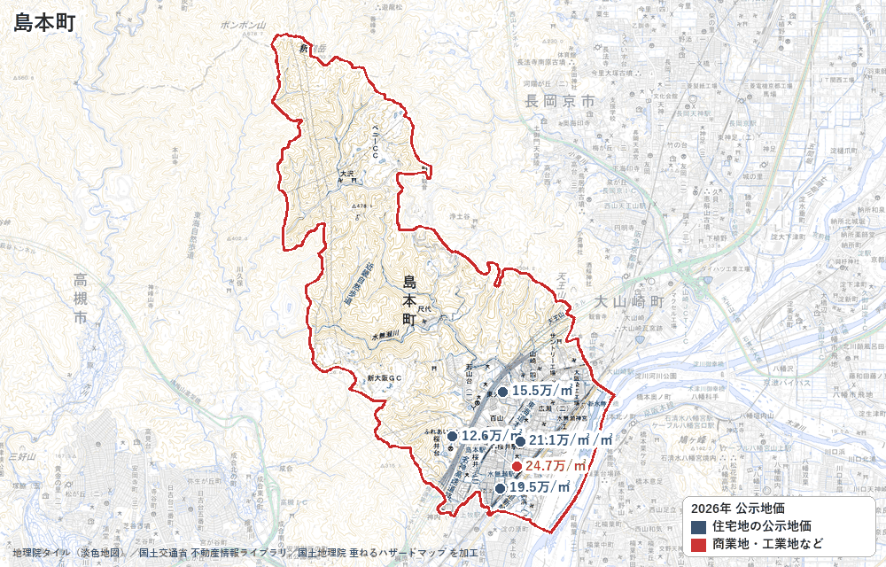 島本町の公示地価の地点と価格の地図