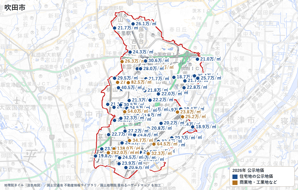吹田市の公示地価の地点と価格の地図