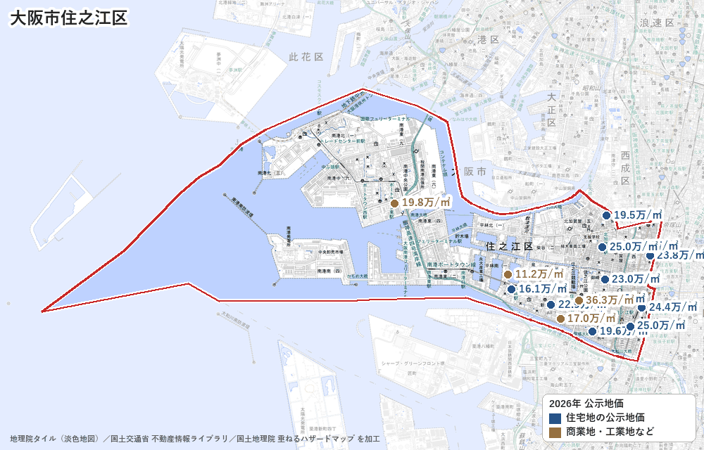 住之江区の公示地価の地点と価格の地図