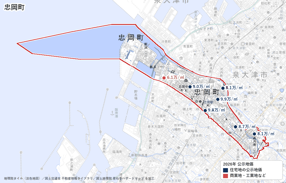 忠岡町の公示地価の地点と価格の地図