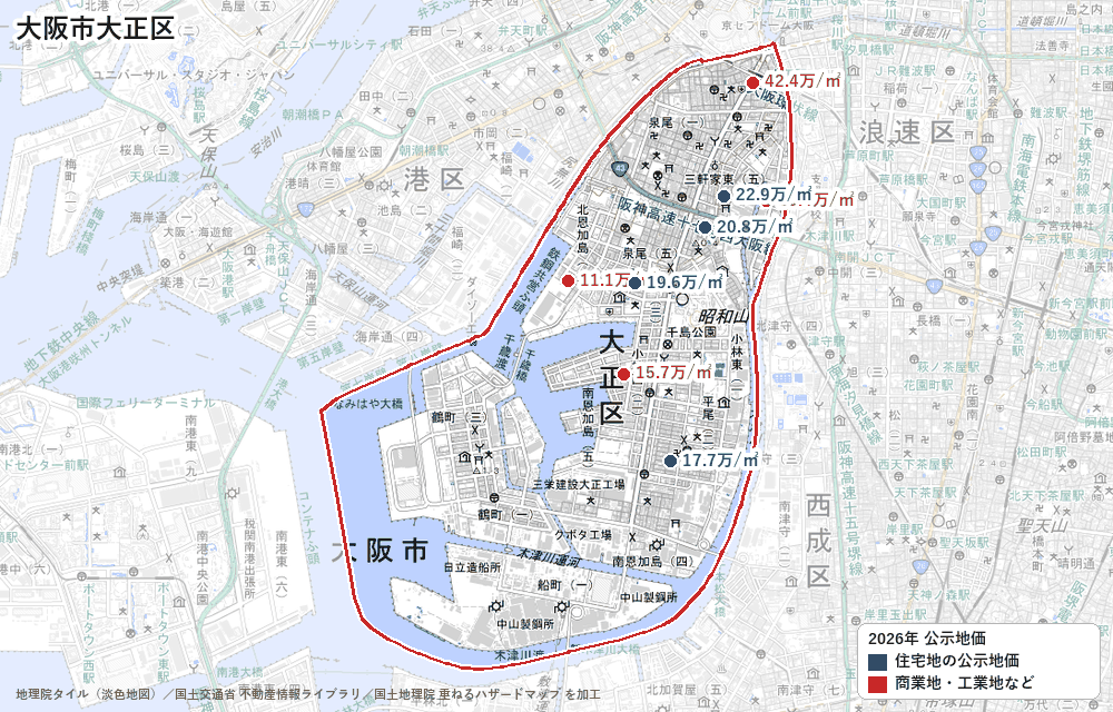 大正区の公示地価の地点と価格の地図