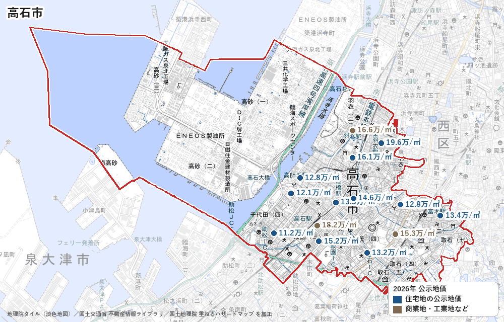 高石市の公示地価の地点と価格の地図