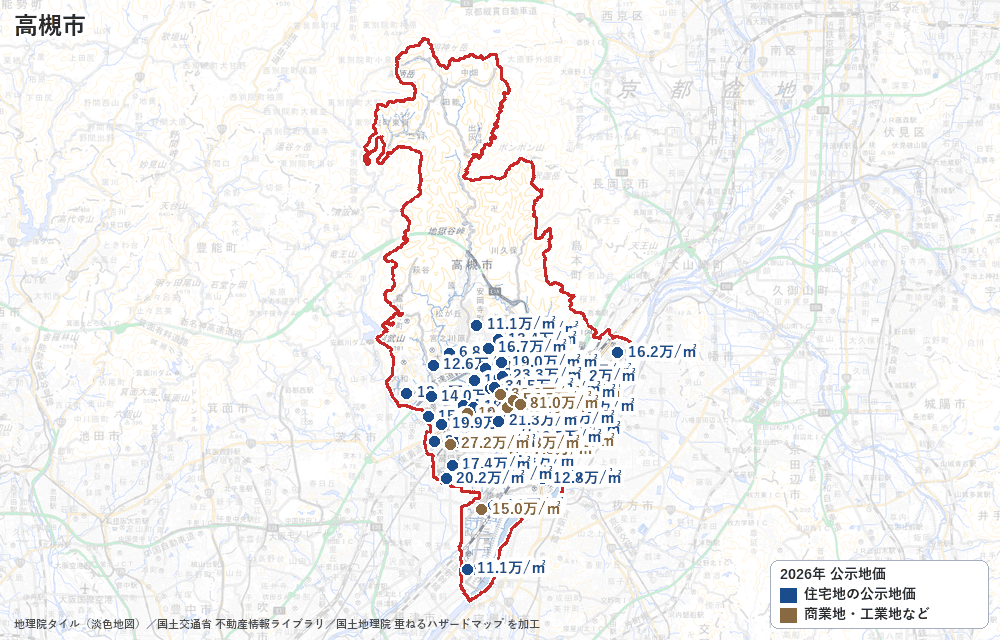 高槻市の公示地価の地点と価格の地図