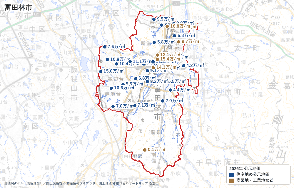 富田林市の公示地価の地点と価格の地図