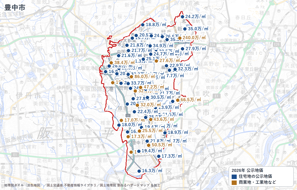 豊中市の公示地価の地点と価格の地図